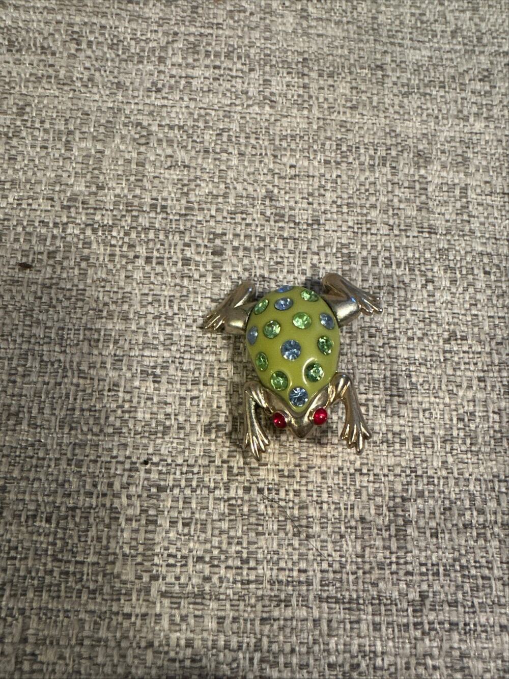 Vintage Frog Brooch Pin Green Acrylic & Rhinestones Red Eyes Gold Tone Metal